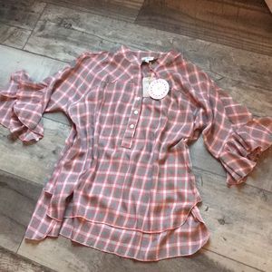 Umgee high low plaid light weight button shirt bell sleeves